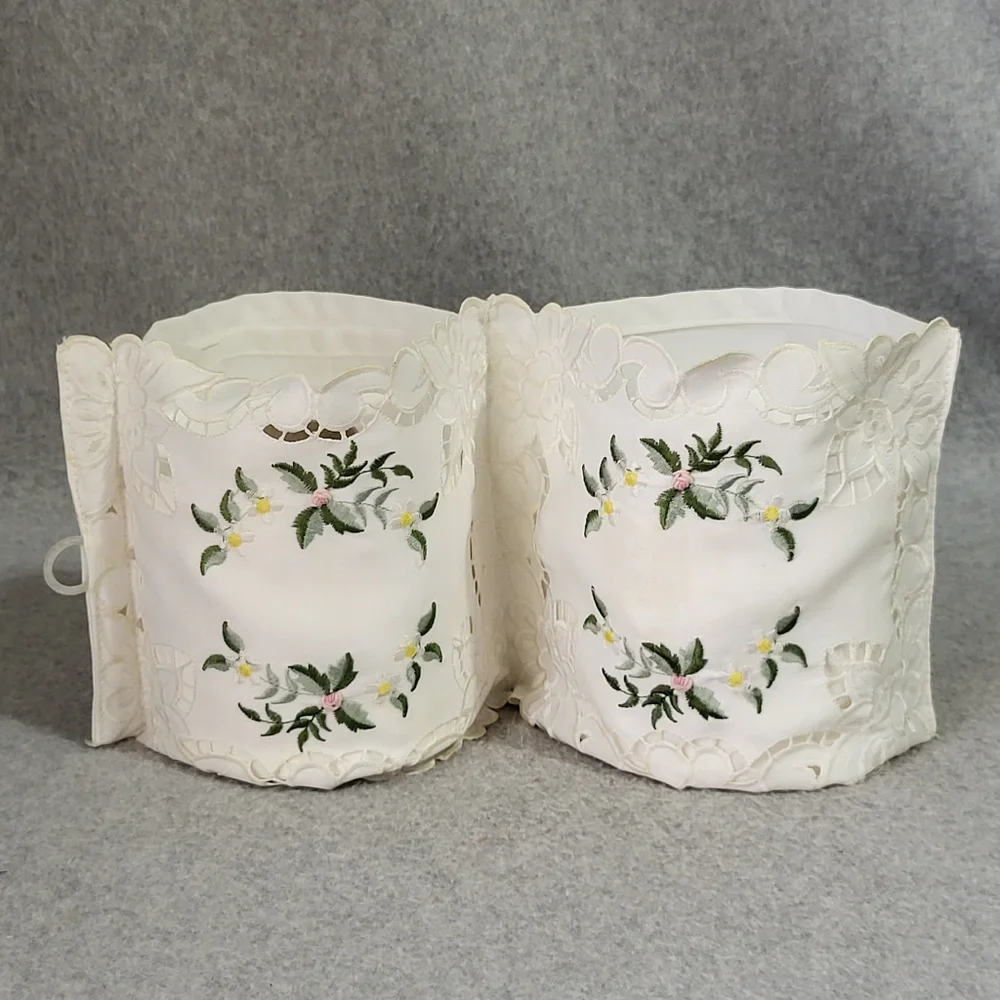 Vintage 2 Roll Fabric Toilet Paper Holder Ivory Cutwork Lace Embroidery Romantic